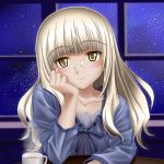  blonde_hair blush casual cup glasses hand_on_cheek hand_on_own_cheek hand_on_own_face long_hair looking_at_viewer mushoku_no_hourousha night night_sky perrine_h_clostermann sky smile solo star_(sky) starry_sky strike_witches tea teacup window yellow_eyes 