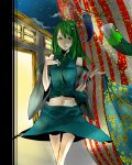  bad_anatomy curtains detached_sleeves green_eyes green_hair highres kochiya_sanae midriff navel night shinoi solo touhou 