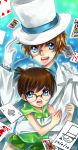  adjusting_hat arakunae blue_eyes card child detective_conan edogawa_conan falling_card glasses gloves hat kaito_kid multiple_boys short_hair 