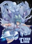  1girl adult bad_id blue_eyes blue_hair bow breasts character_name cirno crazy creepy crossover grin hair_bow highres ice iceman iceman_(x-men) maid marvel power_connection ribbon shelly_(artist) short_hair smile teeth touhou x-men 