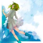  boots coat gabaisuito-n green_eyes green_hair gumi headphones short_hair sky smile solo vocaloid 