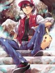  1boy black_hair fingerless_gloves gloves hat ichi_kawa_ichi jeans male pikachu pokemon pokemon_(creature) pokemon_(game) pokemon_gsc pokemon_rgby red_(pokemon) red_(pokemon)_(classic) red_eyes sitting tegaki winter 