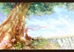  1girl against_tree asbel_lhant brown_hair closed_eyes couple field flower grass head_wreath landscape lap_pillow long_hair lying nature on_back purple_hair ritttz scenery short_hair sitting sky sleeping sophie_(tales_of_graces) sword tales_of_(series) tales_of_graces tree twintails weapon wind 