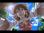  blush bow brown_eyes brown_hair cloud clouds commentary detached_sleeves hair_bow hakurei_reimu lens_flare pov runny_nose sky solo sun taishi_(moriverine) tears touhou wavy_mouth 