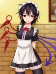  1girl alternate_costume arms_behind_back ass asymmetrical_wings black_hair black_legwear bow enmaided flower houjuu_nue maid maid_apron maid_headdress miyo_(ranthath) open_mouth painting_(object) pointy_ears red_eyes short_hair smile solo sweatdrop thigh-highs touhou vase wings zettai_ryouiki 