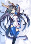  1girl blue_eyes blue_legwear boots china_dress chinese_clothes dragon_ears dragon_girl dragon_horns dragon_tail female gauntlets hong_(white_spider) karin_(p&amp;d) leg_up long_hair monster_girl puzzle_&amp;_dragons smile solo spiked_knuckles tail thigh-highs thigh_boots very_long_hair zoom_layer 
