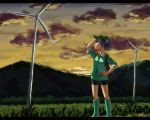  bad_id bag blue_eyes blue_hair hair_bobbles hair_ornament hand_on_hat hat kawashiro_nitori kurione_(pixiv) kurione_(zassou) letterboxed rubber_boots scenery short_hair solo standing sunset touhou twintails wind_turbine windmill 