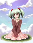  between_thighs choker cloud clouds green_hair hair_bobbles hair_ornament heart original sitting skirt sky smile solo twintails v_arms 