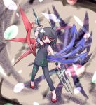  black_hair black_thighhighs houjuu_nue kugelschreiber polearm red_eyes short_hair solo thigh-highs touhou trident weapon wings 
