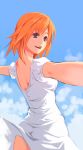  cloud clouds dress dress_lift from_behind looking_back lowres open_mouth orange_hair original outstretched_arms outstretched_hand purple_eyes short_hair sky smile solo violet_eyes white_dress 