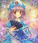  blush brown_hair butterfly cherry_blossoms fan folding_fan hat mamaberry mameberry marker_(medium) petals red_eyes saigyouji_yuyuko smile solo touhou traditional_media veil 