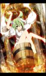  border bucket green_eyes green_hair hair_bobbles hair_ornament highres in_bucket in_container japanese_clothes kisume legs looking_at_viewer magic_circle open_mouth sakurame smile solo teenage touhou twintails 