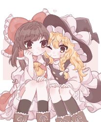 2girls apron ascot black_hat black_skirt black_socks black_vest blonde_hair bloomers blush boots bow braid brown_boots brown_eyes brown_hair cheek-to-cheek closed_mouth commentary detached_sleeves frilled_bow frilled_hair_tubes frills hair_bow hair_tubes hakurei_reimu hat hat_bow heads_together kirisame_marisa long_hair multiple_girls nagomi_(nagomi_12) one_eye_closed red_bow red_skirt side_braid single_braid skirt skirt_set smile socks touhou vest waist_apron white_bloomers white_bow witch_hat yellow_ascot yellow_eyes yuri 