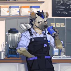  1boy apron arknights barista black_hair blender_(object) blue_shirt cafe claws cup duolai8 ear_piercing english_commentary eyebrow_piercing face_piercing frothing_jug furry furry_male grey_fur highres holding holding_cup hyena_boy hyena_ears looking_at_viewer multicolored_hair open_mouth piercing shirt smile spot_(arknights) streaked_hair 