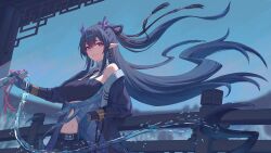  1girl arknights bandeau bare_shoulders black_bandeau black_jacket blue_eyes blue_hair closed_mouth commentary_request dhsl dragon_horns earrings highres holding horns jacket jewelry ling_(arknights) ling_(towering_is_cliff_of_nostalgia)_(arknights) long_hair long_sleeves looking_at_viewer navel official_alternate_costume open_clothes open_jacket pointy_ears pouring solo tassel tassel_earrings wide_shot 