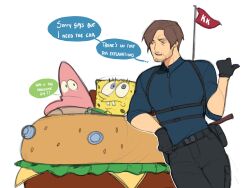  3boys beard_stubble black_gloves black_pants blue_shirt brown_hair buck_teeth burger chest_harness cowboy_shot english_text facial_hair food gloves harness highres kamii_momoru leaning_on_object leon_s._kennedy male_focus multiple_boys open_mouth pants parted_bangs patrick_star resident_evil resident_evil_requiem shirt short_hair sleeves_rolled_up sponge spongebob_squarepants spongebob_squarepants_(series) starfish stubble teeth white_background 