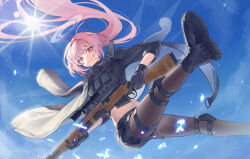  1girl absurdres ambriel_(arknights) arknights black_gloves black_jacket black_pantyhose black_shorts blue_sky closed_mouth commentary english_commentary gloves gun halo highres holding holding_gun holding_weapon jacket jhini load_bearing_vest long_hair looking_at_viewer midriff navel open_clothes open_jacket pantyhose pink_hair rifle shorts sky sniper_rifle solo violet_eyes weapon white_jacket 