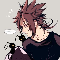  ... 1boy alternate_costume annoyed black_shirt blue_eyes brown_hair commentary english_commentary facing_to_the_side grey_background heartless_(kingdom_hearts) holding holding_pillow indoors kingdom_hearts kingdom_hearts_birth_by_sleep kvover_(applebloom) looking_down male_focus medium_hair messy_hair morning pillow shadow_(kingdom_hearts) shirt spiky_hair t-shirt terra_(kingdom_hearts) upper_body waking_up 