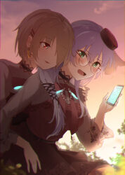  2girls absurdres blush brown_hair commentary_request earrings glasses green_eyes hair_ornament hair_over_one_eye hairpin heaven_burns_red highres holding holding_phone hug hug_from_behind izumi_yuki_(heaven_burns_red) jewelry kayamori_ruka long_hair multiple_girls open_mouth phone red_eyes risai short_hair yuri 