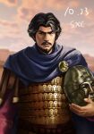  1boy absurdres armor belisarius black_hair byzantine_empire cloak dated facial_hair food_at_arms helmet highres holding holding_helmet impasto mustache oil_painting_(medium) painting_(medium) real_life roman_empire scale_armor solo traditional_media unworn_headwear unworn_helmet 