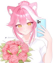  1girl absurdres animal_ears artist_name blush bouquet cellphone closed_mouth collarbone commentary deermiko english_commentary flower hair_intakes highres holding holding_bouquet holding_phone hololive hololive_english long_hair looking_at_viewer multicolored_hair panther_ears panther_girl patreon_logo phone pink_flower pink_hair pink_rose ponytail raora_panthera rose selfie shirt short_sleeves simple_background smartphone smile solo streaked_hair two-tone_hair virtual_youtuber white_background white_shirt yellow_eyes 