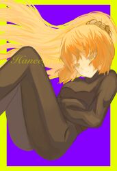  1girl black_bodysuit bodysuit border breasts closed_mouth crossed_arms diving_suit expressionless haneetyann hashtag-only_commentary high_ponytail highres ishmael_(project_moon) limbus_company long_hair medium_breasts molar_boatworks_(identity)_(project_moon) orange_eyes orange_hair ponytail project_moon purple_background simple_background solo very_long_hair wetsuit yellow_border 