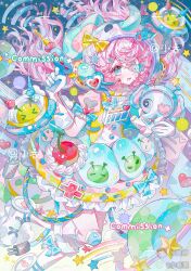  1girl absurdres bandaid bandaid_on_leg blue_bow blue_eyes bow buttons cherry dress energy_gun eyepatch floating_hair food frilled_dress frills fruit gloves gun hair_ornament hairclip heart helmet highres holding horns long_hair looking_at_viewer open_mouth original pink_hair planet puffy_short_sleeves puffy_sleeves rainbow ray_gun sample_watermark short_sleeves smile socks solo space_helmet watermark weapon white_gloves white_socks xiaochunli 