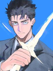  1boy absurdres black_eyes black_hair black_jacket black_necktie blue_background closed_mouth collared_shirt hashtag-only_commentary highres higuruma_hiromi holding holding_weapon jacket jujutsu_kaisen lapels layered_sleeves long_sleeves looking_at_viewer male_focus necktie northystary notched_lapels shirt short_hair short_sideburns sideburns simple_background solo suit_jacket weapon white_shirt wing_collar 