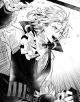  1boy absurdres amber_(fire_emblem) ascot fire_emblem fire_emblem_engage frilled_sleeves frills fur_trim greyscale high_collar highres illust_mi looking_to_the_side monochrome open_mouth short_hair solo sparkle 