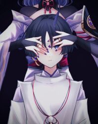  1boy 1girl 316_yogurt armor arms_at_sides behind_another black_background black_shrug bow bridal_gauntlets closed_mouth clothing_cutout covering_another's_eyes crying crying_with_eyes_open expressionless eyeliner gem genshin_impact gold gold_ring grey_bridal_gauntlets hair_intakes highres japanese_armor japanese_clothes kariginu kimono kote kurokote long_single_sidelock long_sleeves makeup middle_ring mother_and_son obi off_shoulder pom_pom_(clothes) purple_bow purple_gem purple_hair purple_kimono purple_nails purple_rope purple_sleeves raiden_shogun red_eyeliner red_sash rope sash scaramouche_(genshin_impact) scaramouche_(kabukimono)_(genshin_impact) shoulder_cutout shrug_(clothing) single_sode string tears violet_eyes white_sleeves wide_sleeves 