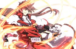  1boy aura belt brown_hair capelet commentary_request fiery_aura fingerless_gloves floating_hair forehead_protector gloves guilty_gear guilty_gear_xx hair_over_one_eye headband holding holding_weapon huge_weapon kuro_goma_(kakkou11) long_hair long_sleeves male_focus order-sol parted_lips ponytail popped_collar red_eyes red_headband simple_background sol_badguy solo swept_bangs sword upper_body weapon white_capelet 