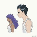  2boys adam&#039;s_apple alternate_costume black_hair closed_mouth commentary_request facial_hair from_side grey_eyes highres larry_(pokemon) leon_(pokemon) long_hair male_focus multicolored_hair multiple_boys pokemon pokemon_(game) pokemon_sv pokemon_swsh purple_hair shirt smile streaked_hair tank_top tsuruba_(tsu41014812) twitter_username upper_body white_shirt yellow_shirt 