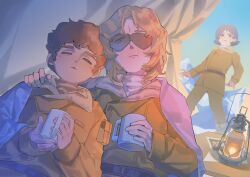  aeug amuro_ray belt blanket blonde_hair blue_eyes blue_hair brown_hair char_aznable closed_eyes cold commentary cup gloves gundam hand_on_another's_shoulder highres holding holding_cup jacket kamille_bidan long_sleeves medium_hair military_uniform multiple_boys oil_lamp open_mouth porkpie68701999 quattro_bajeena short_hair snow sunglasses surprised table untranslatable_commentary zeta_gundam 