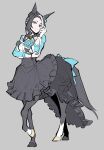  1girl absurdres animal_ears apron ascot black_hair black_skirt blue_ascot blue_bow blue_eyes blue_jacket bow braid braided_bun buttons centaur closed_mouth frilled_apron frilled_ascot frilled_skirt frills gloves grey_apron grey_background hair_bun hand_on_own_elbow high-low_skirt highres horse_ears jacket limited_palette looking_at_viewer mejiro_ramonu_(umamusume) mole mole_under_eye multicolored_hair open_clothes open_jacket shirt shoulder_strap single_hair_bun skirt solo streaked_hair tail tail_bow tail_ornament takatsuki_nato taur umamusume white_gloves white_shirt 