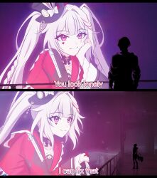  1boy 1girl absurdres abysssian black_gloves black_hat blade_runner_(series) blade_runner_2049 caelus_(honkai:_star_rail) closed_mouth diamond_(shape) diamond_facial_mark english_commentary english_text facial_mark gloves hat hat_ornament heart heart_facial_mark highres honkai:_star_rail honkai_(series) long_hair long_sleeves meme mini_hat mini_top_hat pink_eyes rabbit_hat_ornament red_sailor_collar red_shirt sailor_collar shirt single_glove sparkle_(honkai:_star_rail) sparxie_(honkai:_star_rail) top_hat trailblazer_(honkai:_star_rail) twintails white_hair wide_sleeves you_look_lonely_(meme) 