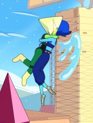  2girls arms_around_neck artist_name blue_gem blue_hair blue_skin closed_eyes colored_skin commentary english_commentary face_shield flying from_side gem gem_(steven_universe) green_gem green_skin highres hug lapis_lazuli_(steven_universe) liquid_wings multiple_girls outdoors peridot_(steven_universe) short_hair sky steven_universe timehuntress triangle-shaped_hair wings yuri 