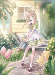  1girl animal_ears apron blush bow braid breasts brown_hair brown_shoes closed_mouth commentary_request flower frills green_eyes green_shirt green_skirt hair_between_eyes hair_bow hair_flower hair_ornament highres holding holding_watering_can kohinata_hoshimi long_hair looking_at_viewer original outdoors shirt shoes short_sleeves skirt smile socks solo twin_braids watering_can white_apron white_socks 