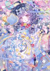  1girl absurdres ahoge apron bell black_hair blue_bow blue_kimono blush bow bowtie cherry_blossoms crescent fish flower frilled_apron frilled_sleeves frills goldfish hair_bow hair_ornament hairclip hand_fan highres holding holding_fan japanese_clothes jingle_bell kimono long_hair long_sleeves looking_at_viewer low_twintails open_mouth original red_bow red_bowtie ribbon ribbon_trim sample_watermark sash solo star_(symbol) star_hair_ornament striped_bow tassel twintails watermark white_apron white_bow wide_sleeves x_hair_ornament xiaochunli yellow_bow yellow_eyes 