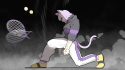  1girl absurdres animal_ear_fluff animal_ears ball cat_ears cat_girl cat_tail cocomayo29_(tomato) commentary highres hololive hood hoodie korean_commentary nekomata_okayu nekomata_okayu_(1st_costume) purple_hair racket solo tail tennis_ball tennis_racket virtual_youtuber 