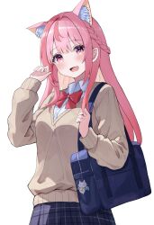  1girl a_a_(sfpz3443) absurdres ahoge animal_ears bag blue_bag blue_skirt blush bow bowtie braid breasts cat_ears cat_girl collared_shirt commentary extra_ears highres indie_virtual_youtuber long_hair long_sleeves open_mouth pink_eyes pink_hair plaid_clothes plaid_skirt red_bow red_bowtie school_uniform shirt shoulder_bag simple_background skirt smile solo sweater virtual_youtuber white_background white_shirt yellow_sweater yuuki_sakuna 