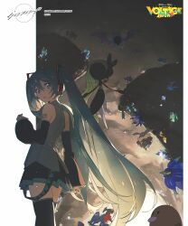  1girl aqua_hair back bare_shoulders black_boots boots cave cave_interior commentary copyright_logo detached_sleeves earphones hatsune_miku highres logo long_hair looking_at_viewer looking_back official_art outdoors pleated_skirt pokemon project_voltage rella sidelocks skirt stalactite thigh_boots twintails vocaloid 