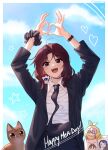  1girl annidrw black_necktie brown_eyes brown_hair brown_pants cat happy_birthday heart heart_hands highres long_hair necktie open_mouth original pants shirt solo suit teeth tongue white_shirt wristband 
