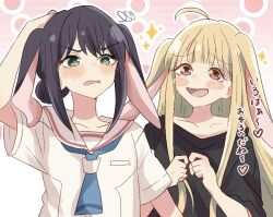  2girls ahoge animal_ears black_hair black_shirt blonde_hair blush cho_kaguya-hime! collarbone commentary green_eyes hand_on_own_head kaguya_(cho_kaguya-hime!) looking_at_another lop_rabbit_ears mole mole_under_eye multiple_girls open_mouth rabbit_ears red_eyes sakayori_iroha school_uniform serafuku shirt short_sleeves smile sweatdrop translation_request tutanai upper_body v-shaped_eyebrows white_shirt 