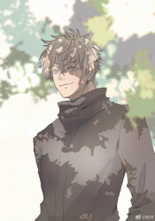  1boy aqua_eyes black_jacket chinese_commentary closed_mouth commentary_request floral_background gojou_satoru hair_between_eyes high_collar highres jacket jujutsu_kaisen jujutsu_tech_uniform male_focus smile spiky_hair tagme upper_body white_hair zhishuo418 