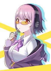  1girl absurdres bow bowtie breasts collared_shirt commentary dress_shirt drink_carton drinking drinking_straw drinking_straw_in_mouth drop_shadow glasses gridman_universe headphones highres holding holding_drink_carton holding_juice_box jacket juice_box large_breasts long_sleeves looking_at_viewer ninestar off_shoulder pink-framed_eyewear pink_hair purple_bow purple_bowtie purple_jacket red_eyes shinjou_akane shirt skirt sleeves_past_wrists solo ssss.gridman tinted_eyewear white_background white_shirt yellow-tinted_eyewear 