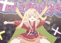  >_< 1girl absurdres animal_ears blonde_hair blurry blurry_background cho_kaguya-hime! closed_eyes commentary_request fangs highres kaguya_(cho_kaguya-hime!) long_hair open_mouth outstretched_arms rabbit_ears rabbit_girl red-framed_eyewear sidelocks solo thereaakari translation_request 