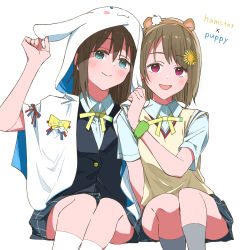  2girls animal_ear_hairband animal_ear_hood animal_ears blue_eyes blue_shirt blush brown_hair capelet cinnamoroll closed_mouth collared_shirt commentary_request corocorokuririn fake_animal_ears hairband haruruhaharur highres hood hooded_capelet kneehighs long_hair looking_at_viewer love_live! love_live!_nijigasaki_high_school_idol_club multiple_girls nakasu_kasumi nijigasaki_school_uniform open_mouth osaka_shizuku pink_eyes sanrio school_uniform shirt short_hair simple_background sitting skirt smile socks summer_uniform white_background white_capelet 
