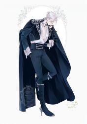  1boy absurdres b_etty01tm black_gloves black_pants boots cape closed_eyes commentary_request earrings flower gloves hana_himeru_kimi_no_meteor high_heel_boots high_heels highres jewelry lavi_van_valentin long_eyelashes male_focus official_art pants pectoral_cleavage pectorals picture_frame rose simple_background tassel vampire white_background white_flower white_hair white_rose 