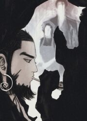  1boy anywaywha_tever beard black_eyes black_hair commentary_request earrings facial_hair golden_kamuy highres hoop_earrings horse jewelry kiroranke korean_commentary long_sideburns male_focus profile sideburns smoking_pipe smoking_pipe_in_mouth sofia_(golden_kamuy) wilk_(golden_kamuy) 