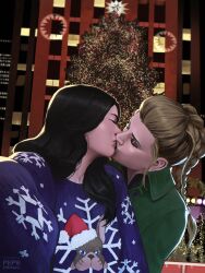  2girls artist_name black_eyeshadow black_hair black_lips blonde_hair blue_sweater braid building christmas_lights christmas_tree city closed_eyes coat commentary commission couple english_commentary eyeshadow green_coat hair_pulled_back hat highres kate_bishop kiss long_hair makeup marvel multiple_girls new_york_city night pepedraws print_sweater real_world_location rockefeller_center santa_hat selfie sweater upper_body yelena_belova young_avengers yuri 